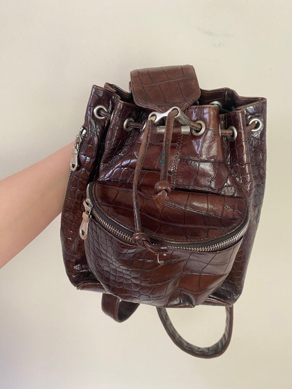 JOHNNY FARAH Alligator Embossed Backpack Brown As Is